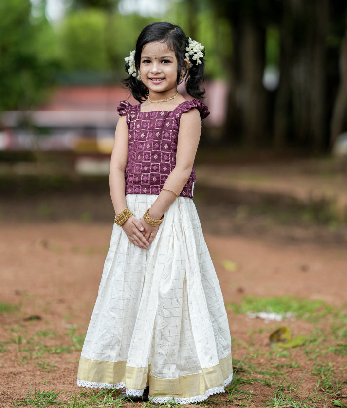 Grape Wine Nysha Silk Top with Chanderi Full Length Skirt For Onam