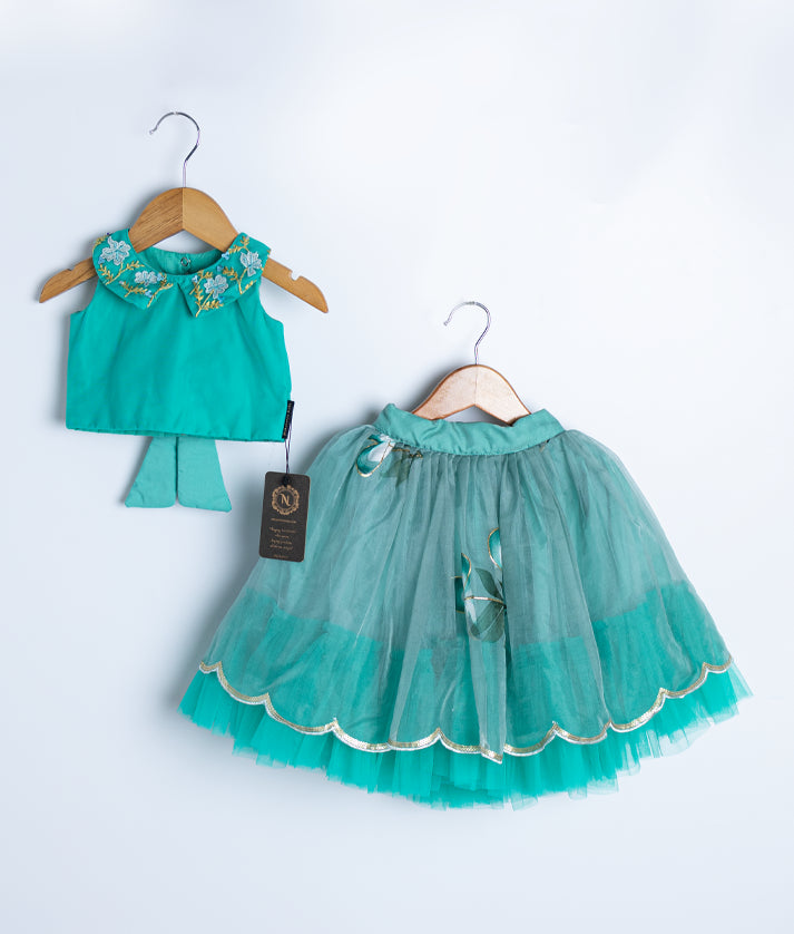 Peacock Green Hand work Crop Top with Full Length Skirt For baby girl  [Ready to ship :7708]