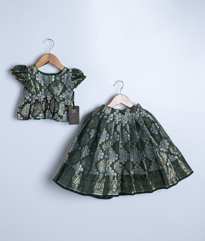 Green Banarasi Top With Full Length Skirt For Onam [Ready to ship 2692]