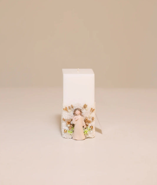 Elegant baptism candle with angel theme, featuring white lace, ribbon ruffles, and gold pearl accents