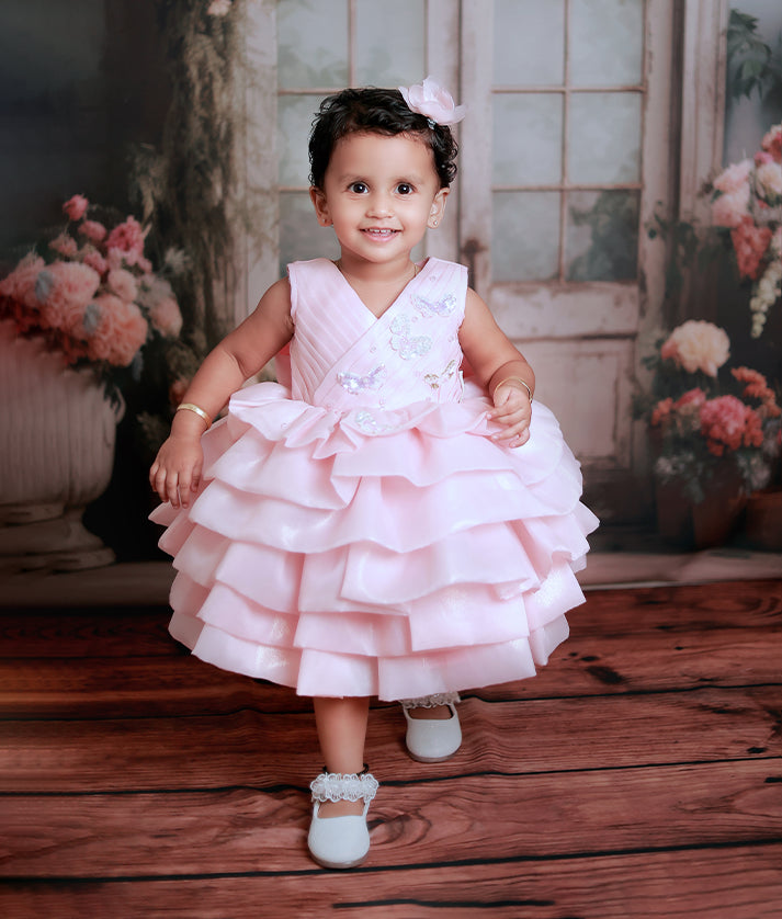 Pink Shimmer Organza Butterfly Theme Birthday Frock For Baby Girl