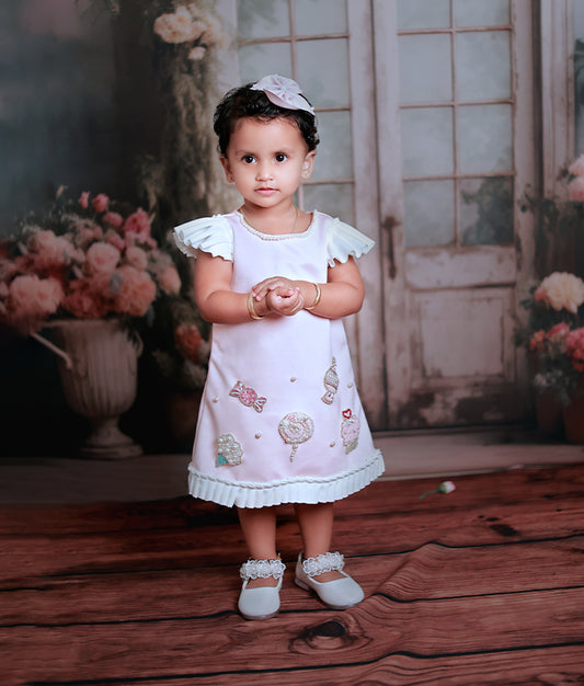 Baby girl wearing a baby pink candy theme birthday frock for girls with hand embroidery and off-white frills