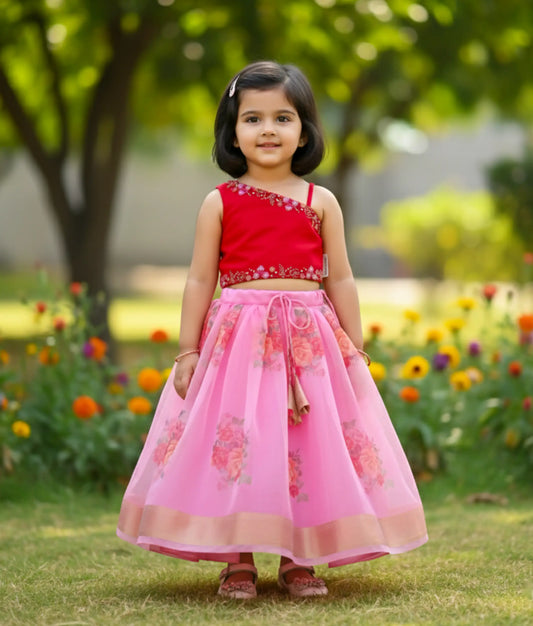 A baby girl wearing the red one-shoulder handworked top paired with a pink digital floral printed organza skirt