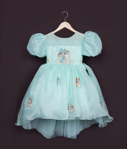 Close view of a sea green plain organza bluey-themed dress with embroidery and handwork for a baby girl.