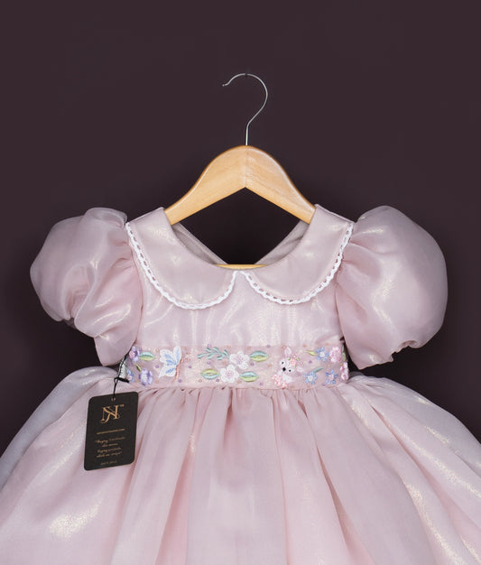 Elegant birthday frock for baby girl in pastel pink with ribbon detailing