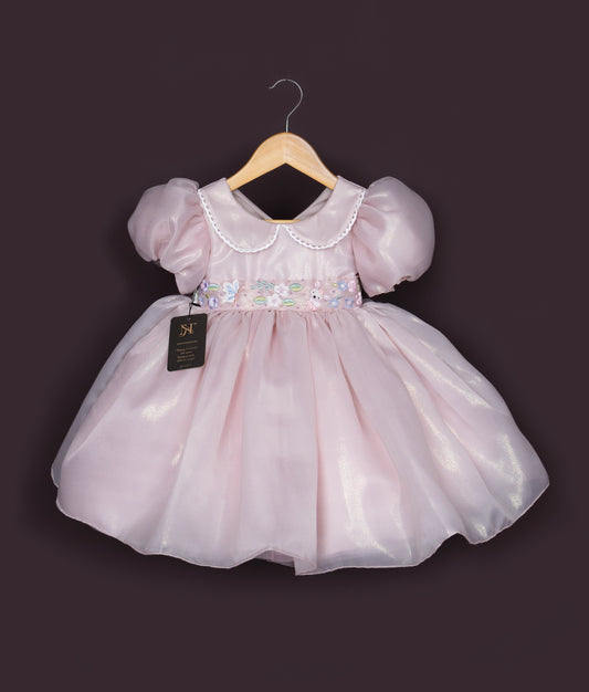 Birthday frock for baby girl with puff sleeves and satin bow in light pink