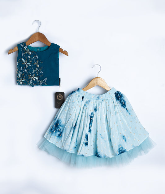 Blue baby girl dress with sleeveless embroidered top and flared printed skirt