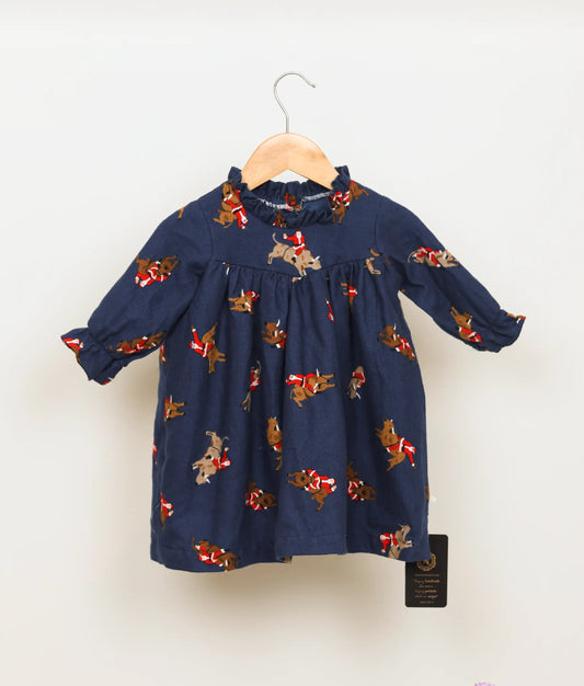 Blue Santa Claus printed yoke cotton Christmas dress with leg-o-mutton sleeves for baby girls.