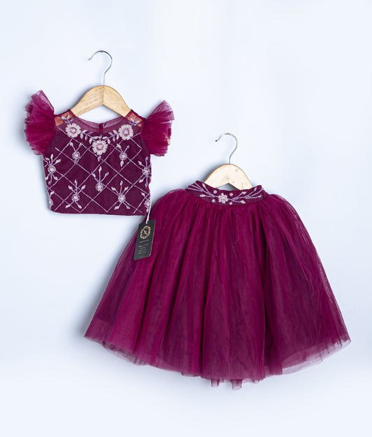 Burgundy two-piece dress set with lace cap sleeve top and tulle skirt for toddler girls special occasions
