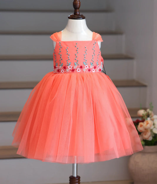 Front view of a coral peach frock with floral vine embroidery and gathered shoulder straps.