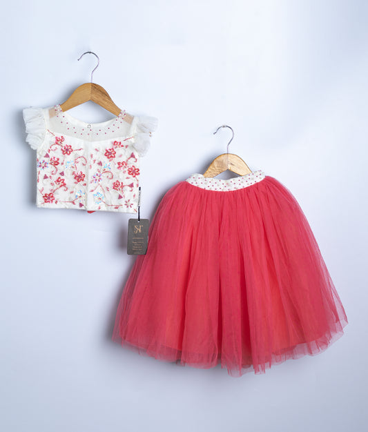 Coral red two-piece dress with white floral embroidered top and tulle skirt for baby girls Valentine's Day and spring events