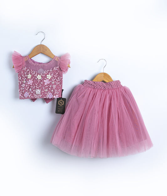 Dusty pink baby girl outfit with floral lace top and matching tulle skirt for special events