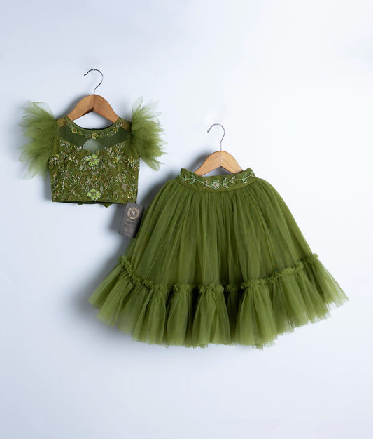Green swan theme handmade applique party dress with tulle net skirt for baby girl and toddler wear