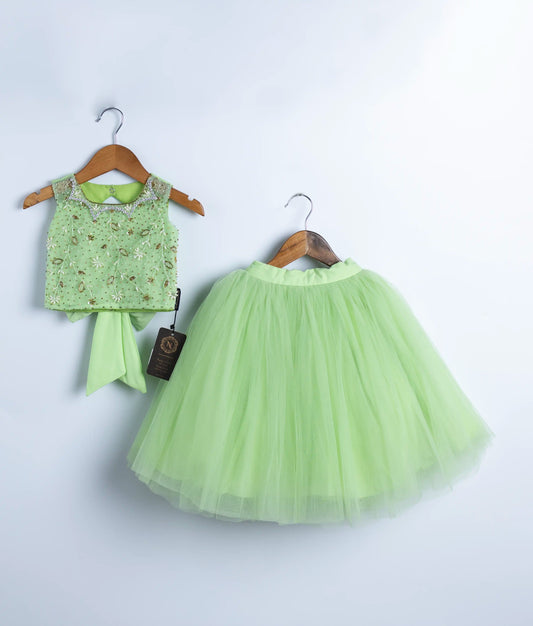 Handmade light green baby girl outfit with embroidered top and flared tulle skirt