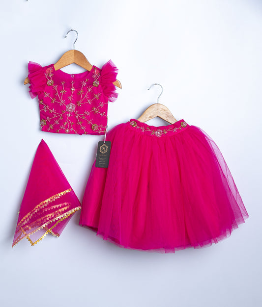 Hot pink traditional lehenga choli with sequin embroidered top and tulle skirt for baby girls special occasions