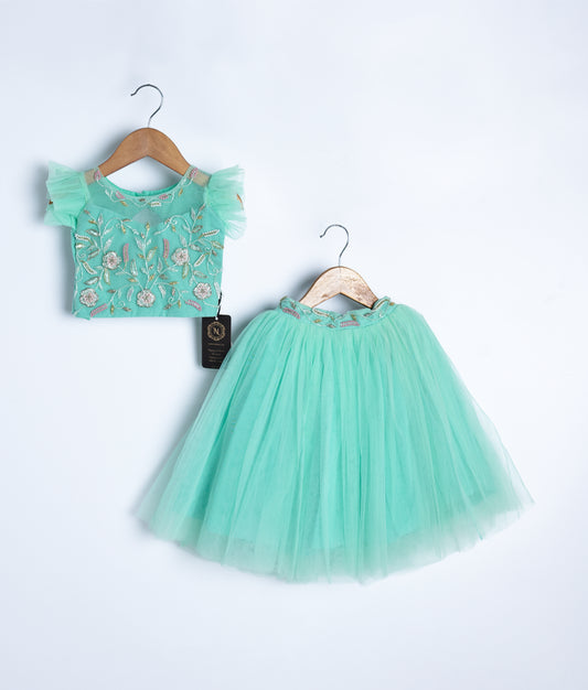 Mint green baby girl dress with floral embroidered top and tulle skirt