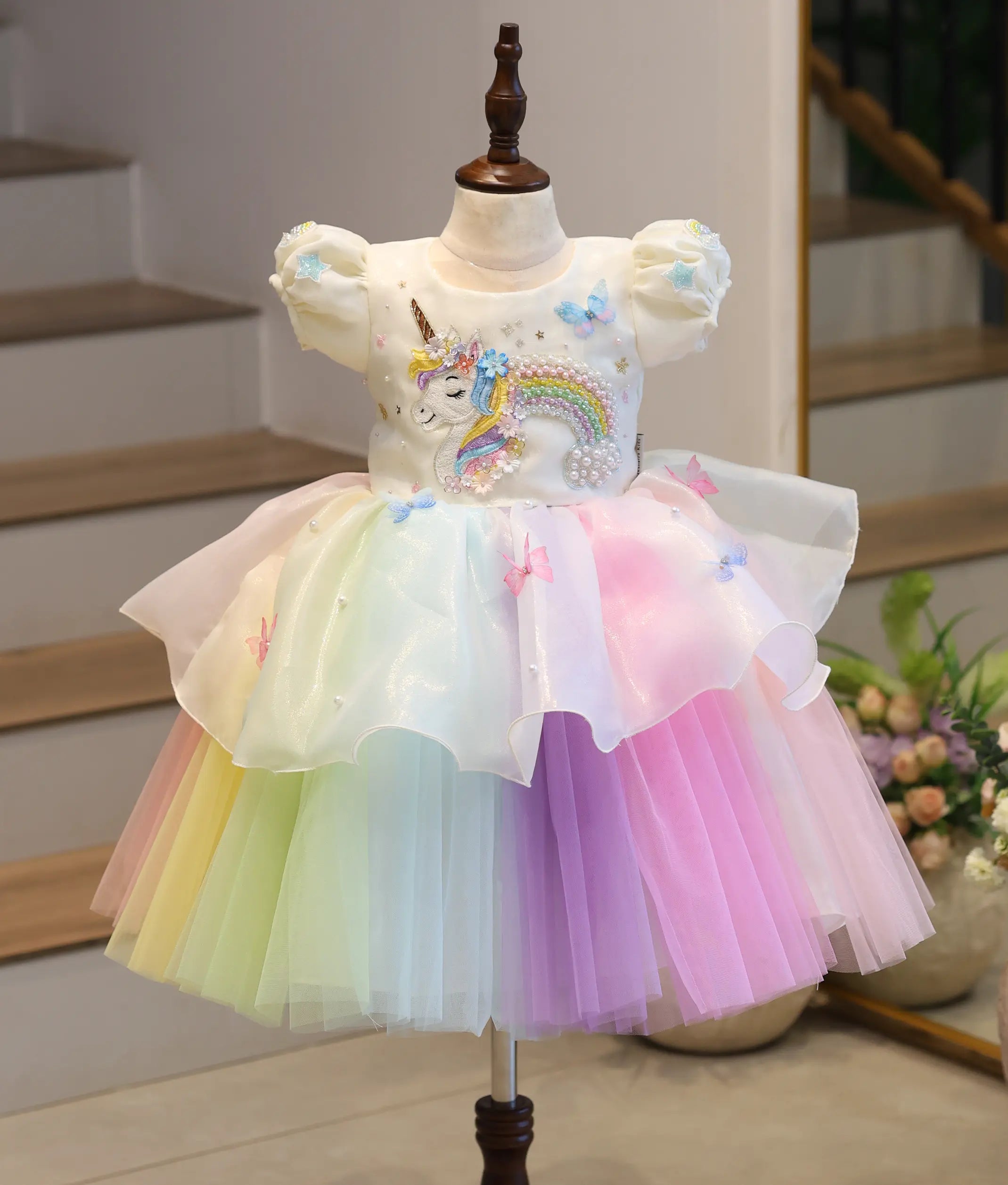 girl party dress multi colour Shimmer Organza Unicorn Theme Frock Ball Gown Embellishment How to Make Ancient InfantSizeChart Color:Clay