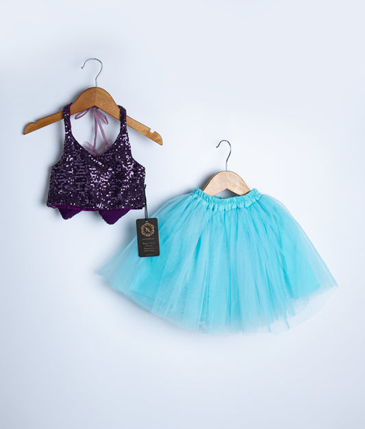 Navy sequin top with turquoise tulle skirt outfit set for baby girls, special occasion wear