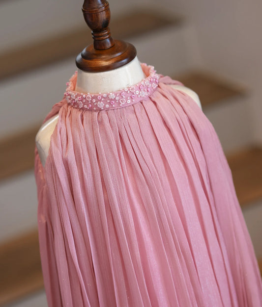 Close-up of the hand-embedded beads and sequins on the high-neck collar and the micro-pleated shimmer georgette fabric.