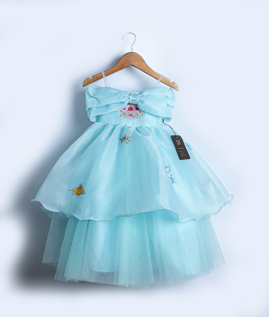 Front view of a pastel blue Disney princess theme birthday frock with a layered organza skirt and embroidered motifs