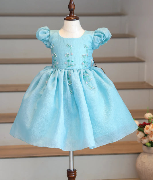 Front view of a pastel green crush organza frock with puff sleeves and floral handwork.