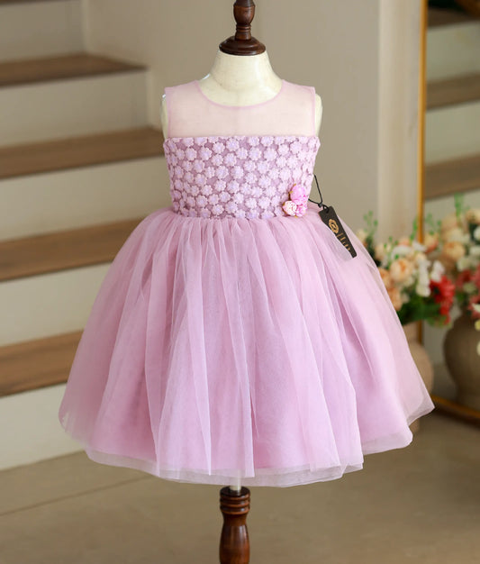 Front view of a pastel lavender frock for girls featuring a transparent upper bodice and intricate floral work material.
