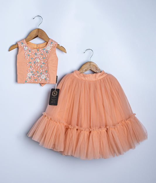 Peach two-piece outfit with embroidered sleeveless top and tiered ruffle skirt for baby girls special occasions