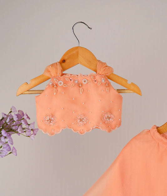 Close-up of the peach organza top showing intricate floral handwork, shimmering sequins, and square neckline