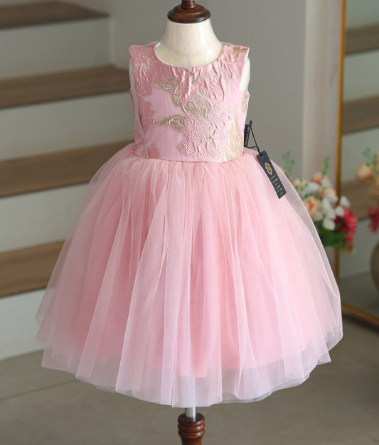 Front view of a pink tulle net frock with a golden leaf-pattern organza top.