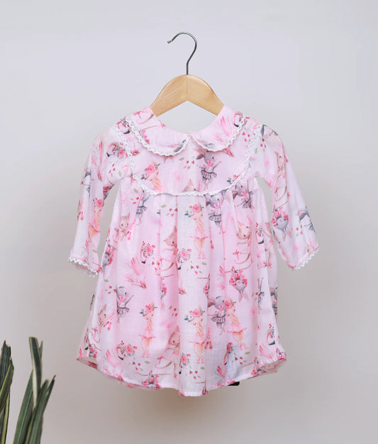 Pink baby girl frock with dancing animal print, peter pan collar, and full sleeves.