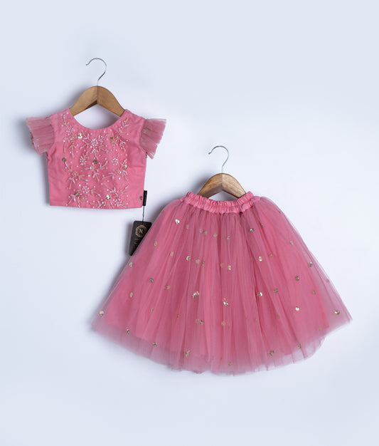 Pink traditional baby girl dress with embroidered top and tulle skirt