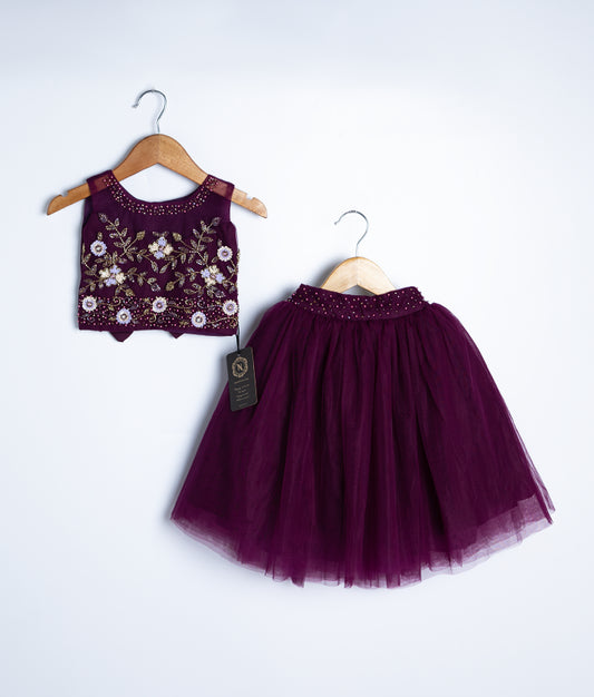 Plum purple baby girl outfit featuring floral sequin top and matching tulle tutu skirt