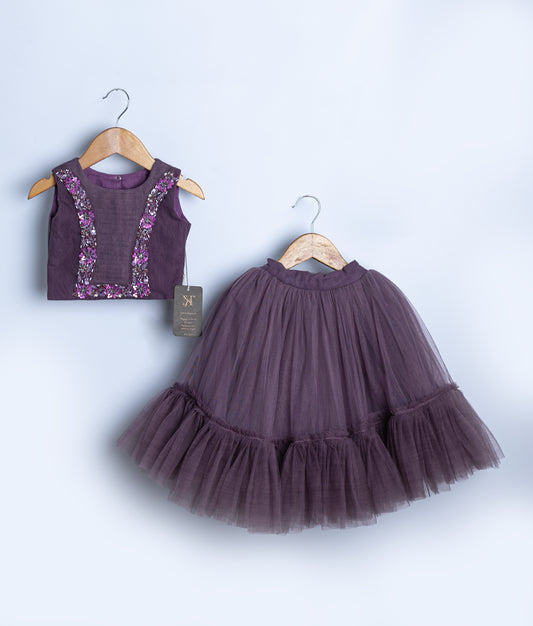 Plum purple two-piece dress set with sequin embroidered top and tiered tulle skirt for toddler girls formal events