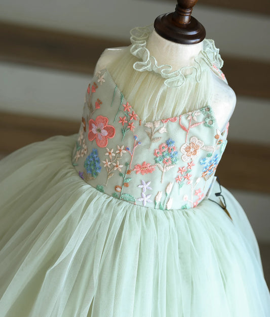 Close-up of the multi-colored floral embroidery material and ruffled net collar detailing.
