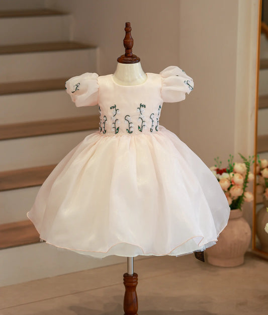Front view of a powder peach shimmer organza girl's birthday frock with floral embroidery and puff sleeves