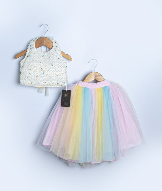 Rainbow pastel tulle skirt with white lace embroidered top two-piece dress set for baby girls birthday parties