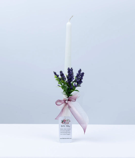 Handcrafted baptism candle decorated with premium off-white lace and floral accents for baby christenings