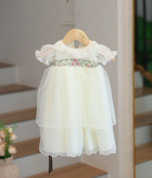 Elegant off-white handworked baptism frock for baby girls with intricate pearl detailing and lace