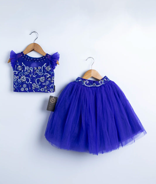 Royal blue handmade baby girl outfit with embroidered top and fluffy tulle skirt