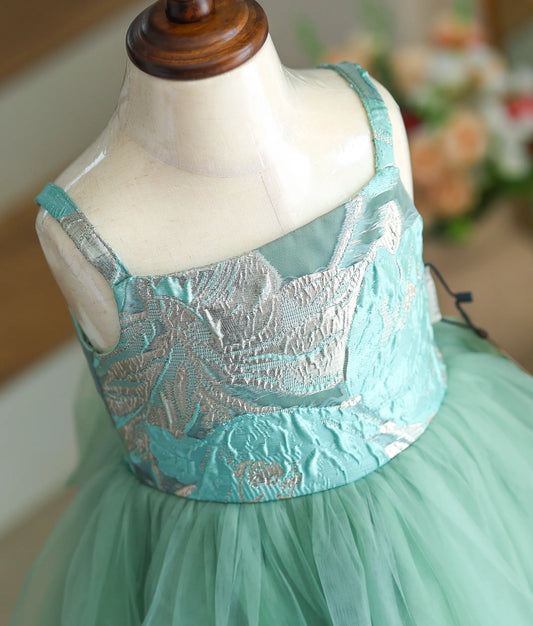 Close-up of the silver Turkish organza leaf pattern on the frock top.