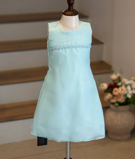 Front view of a sky blue shimmer organza A-line frock with a horizontal handworked line.