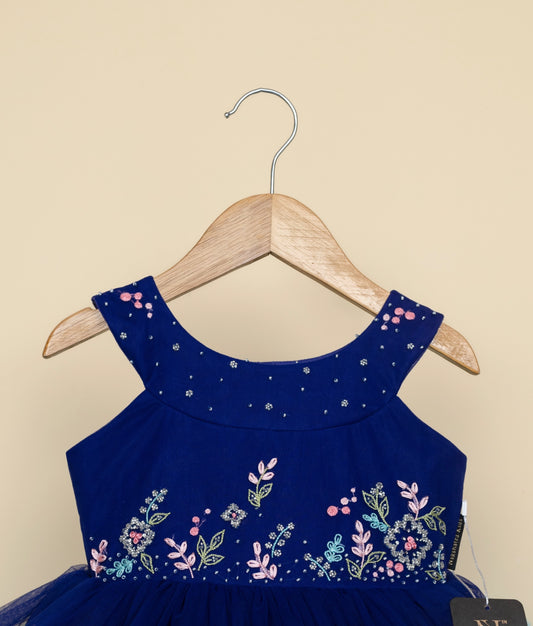 Sleeveless royal blue toddler party dress with embroidery and net layers