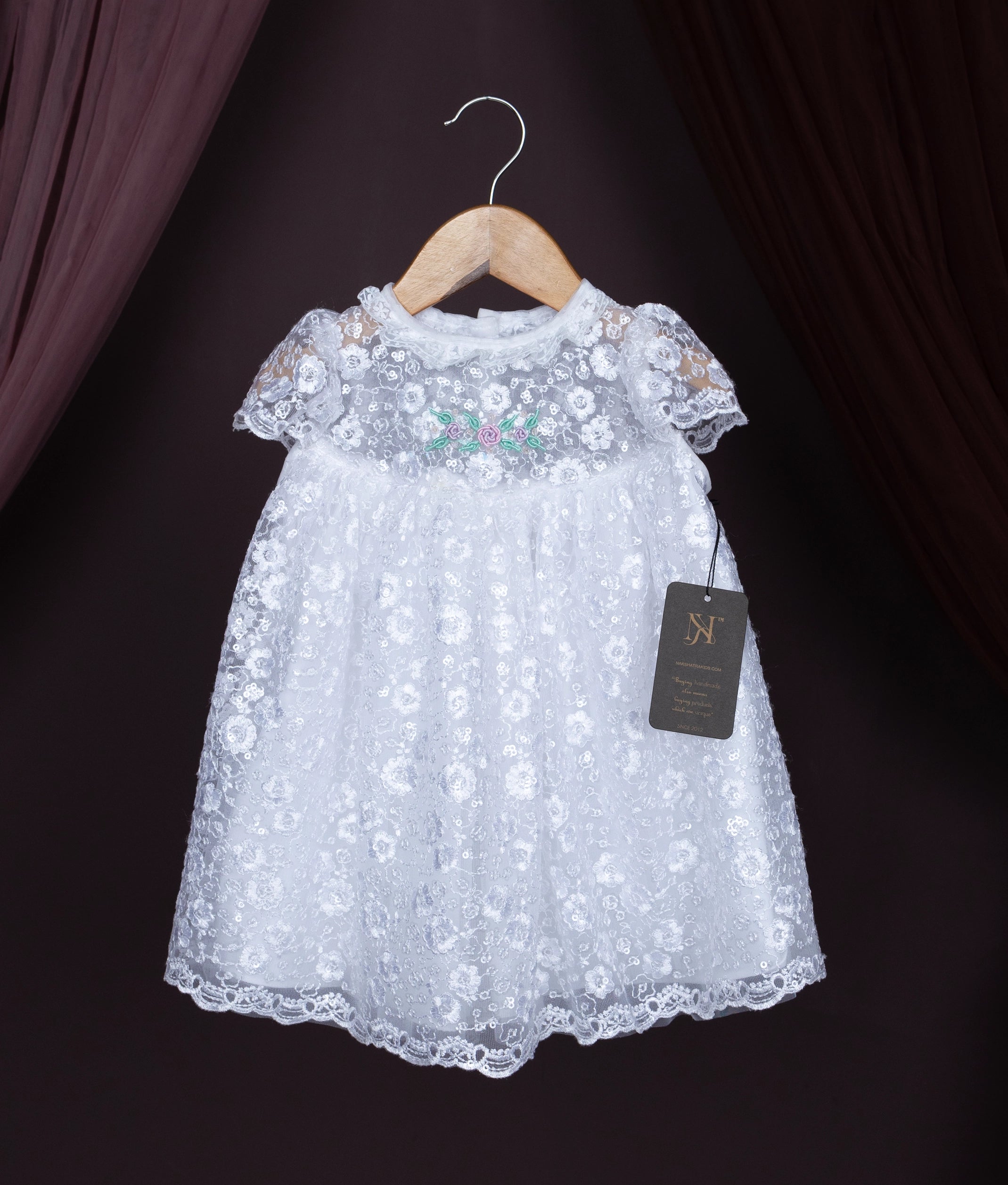 White Work Material Floral Embroidery Baptism Frock For Baby Girl