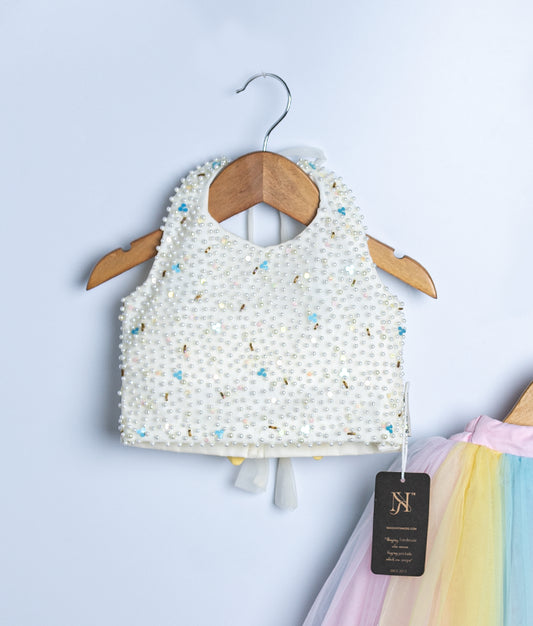 White lace embroidered sleeveless top for toddler girl special occasion rainbow outfit set