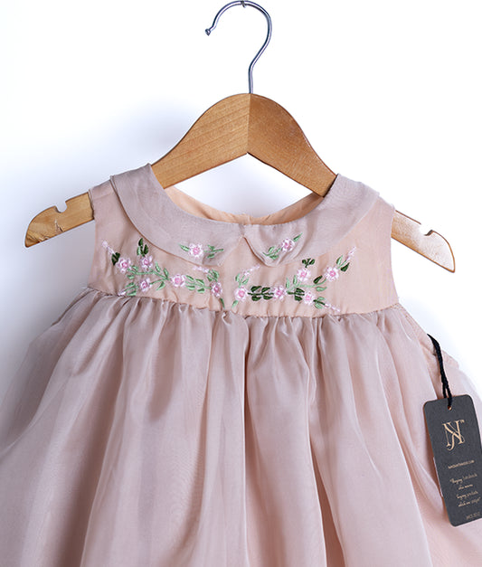 Close view of an powder beige tulle net embroidery casual frock for baby girls displayed on a hanger.