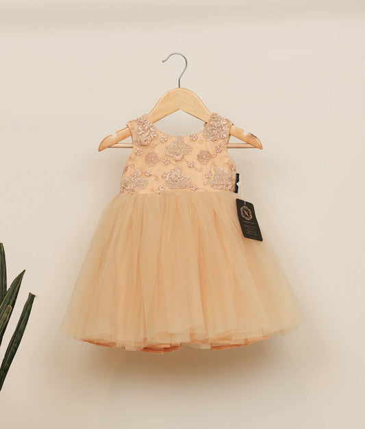 Front view of golden tulle net appliqué frock for baby girl against plain background