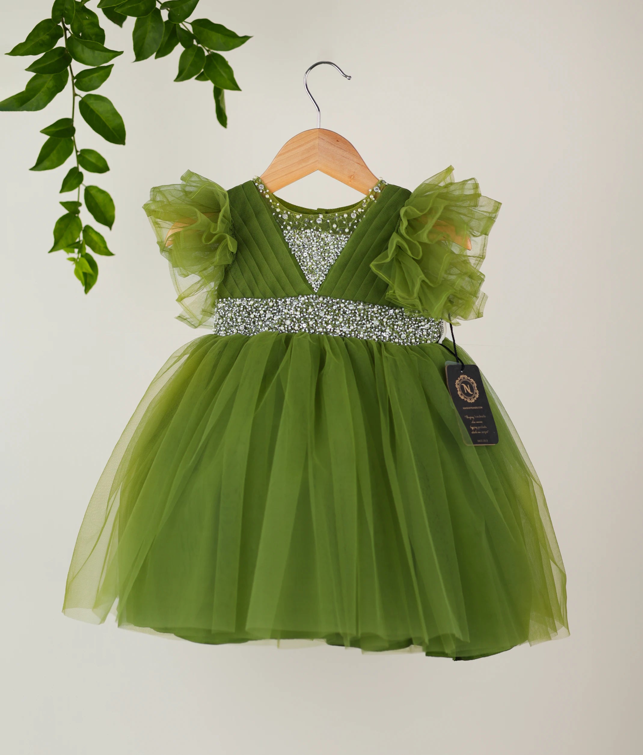 Olive Green Tulle Net Handworked Birthday Frock Nakshatra Kids