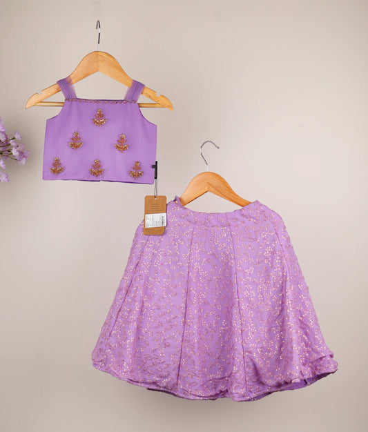 Lavender handworked top and georgette skirt against plain background