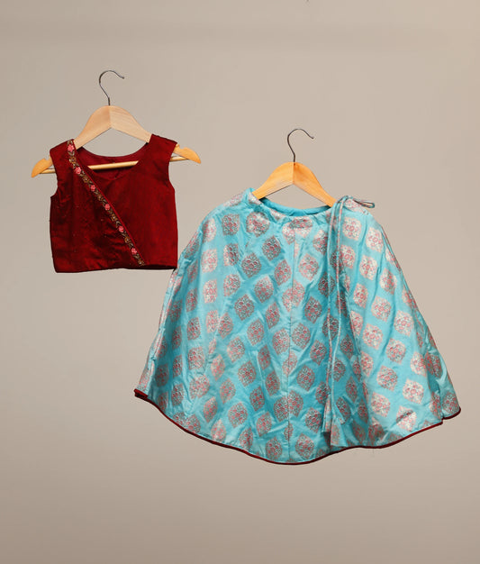 Maroon handworked top for kids with banarasi peacock blue skirt