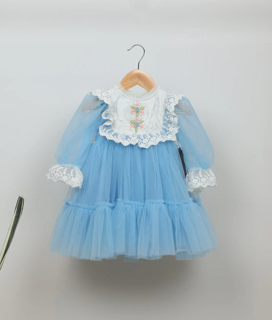 Front view of blue floral embroidery and lace birthday frock against plain background